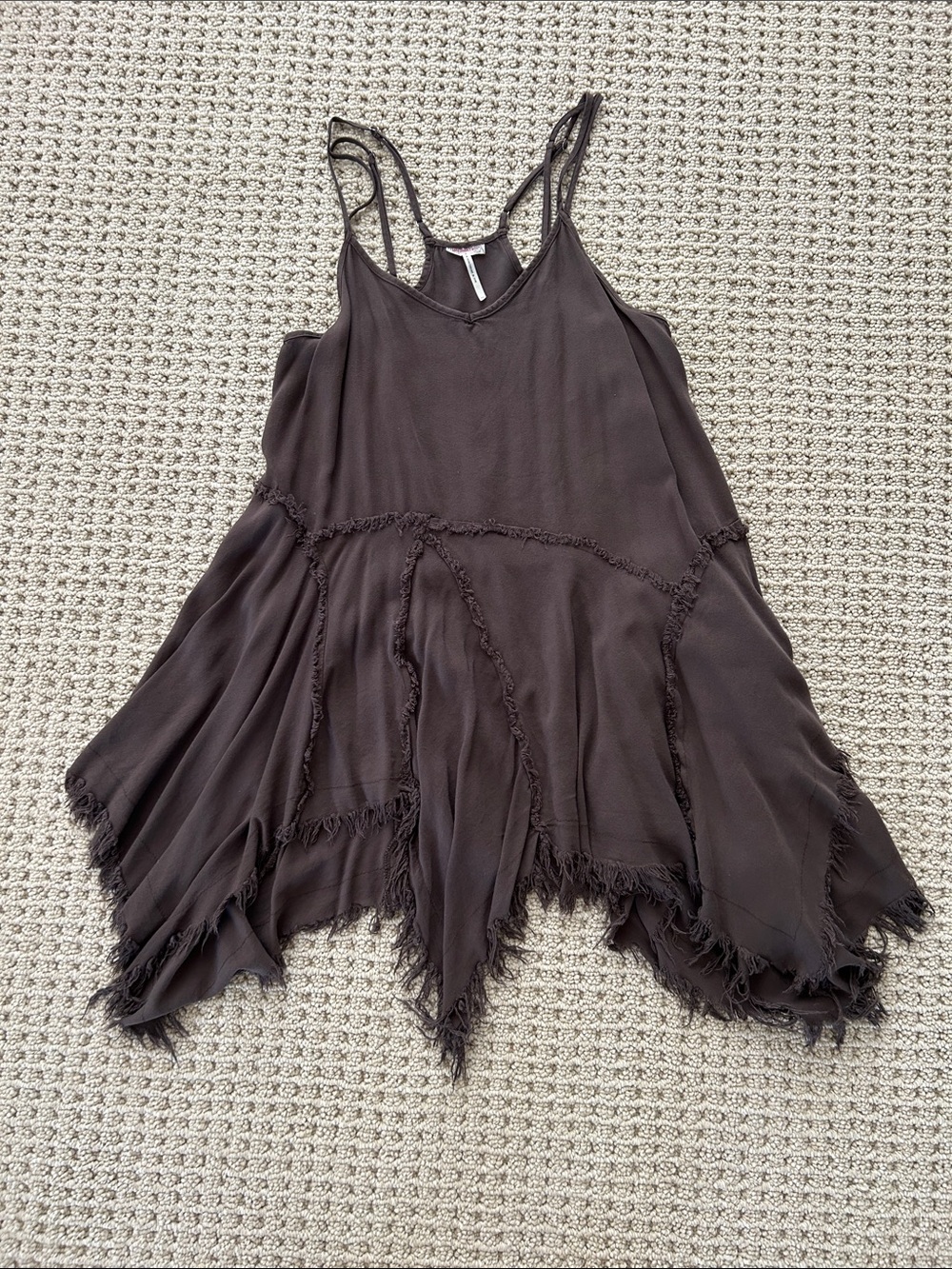 Free People Brown Asymmetrical Slip Dress with Frayed Hem